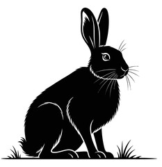 Black Silhouette of a Hare Sitting in Grass Vector Illustration for Design