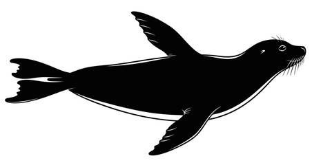 Black Seal Swimming Silhouette Isolated on White Vector Illustration