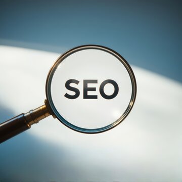 magnifying glass with SEO text, Close-up of a magnifying glass highlighting the text SEO, symbolizing search engine optimization and analysis.