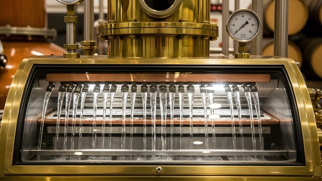 Distillery copper still with flowing spirit and pressure gauge