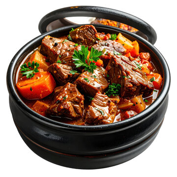 Traditional alsatian baeckeoffe meat casserole in a rustic pot, filled with marinated meats and potatoes, isolated on white background