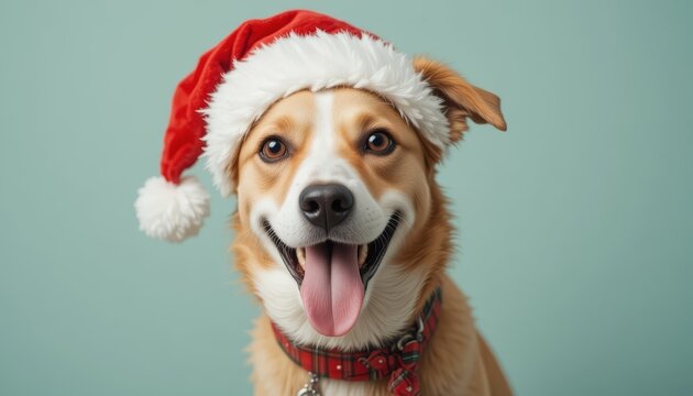 Cheerful dog with Santa hat, bright expression; festive pet photo suitable for holiday campaigns, greeting cards, or social media. - Powered by Adobe