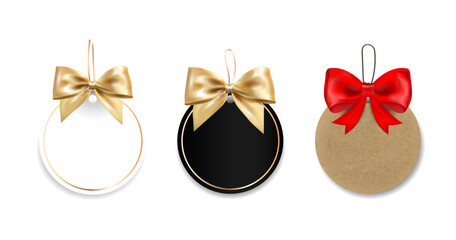 Set of realistic round gift tags with golden and red bows in white, black, and kraft paper styles, for promotions, branding, greeting cards, gift wrapping, advertising materials.Vector illustration