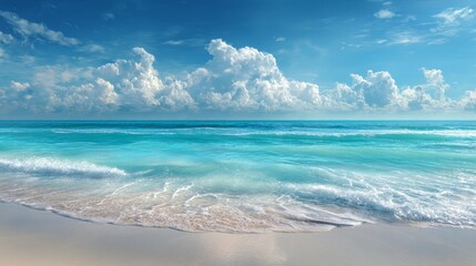 Obraz premium A tranquil seaside scene with clear turquoise water gently lapping a sandy shore under a brilliant blue sky dotted with puffy clouds