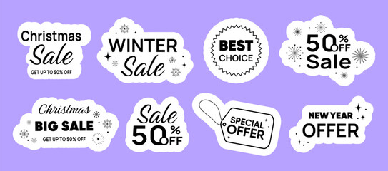 Winter and Christmas Sale Stickers set with Discount Labels. Vector Stickers for Winter Discounts and New Year Offers for holiday promotions, ecommerce banners, print ads, and seasonal marketing