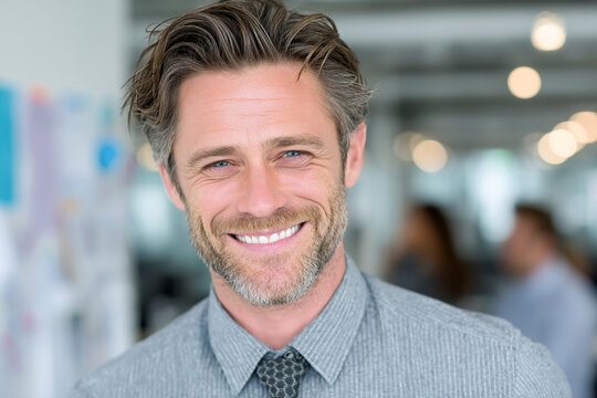 Professional man smiling in a modern office during a busy workday Generative AI