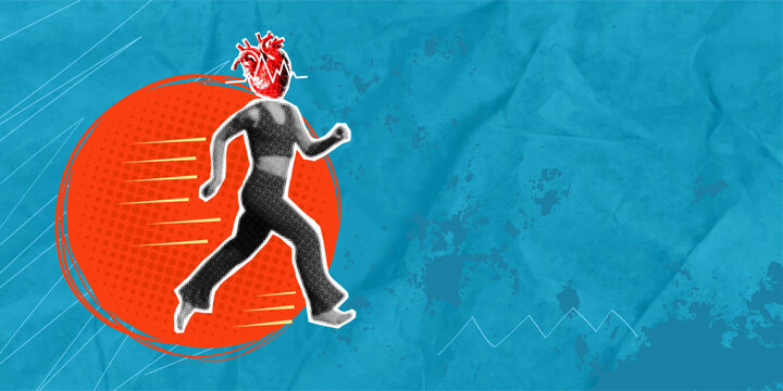 A trendy halftone pop art collage featuring a young woman runner with a heart for a head. Conceptually promoting fitness, healthy lifestyle, and cardiovascular disease prevention.