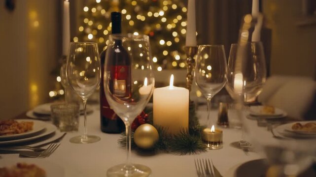 Festive Christmas Dinner Table Setting with Wine Glasses and Candles Illuminated by Twinkling Tree Lights