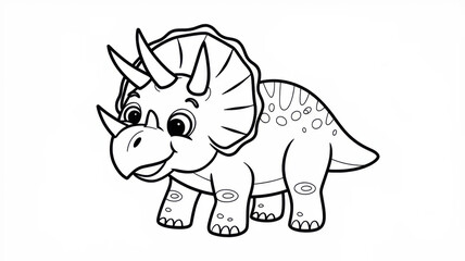 Kids dinosaur coloring page with a smiling Triceratops, big eyes and three iconic horns. Thin line black outline with simple contours and many small details. Black and white isolated printable colorin