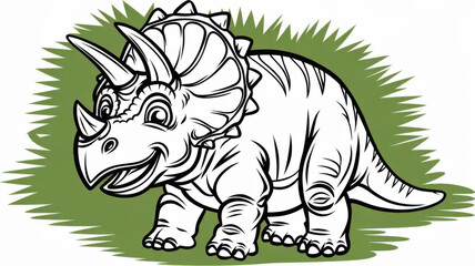 Kids dinosaur coloring page with a smiling Triceratops, big eyes and three iconic horns. Thin line black outline with simple contours and many small details. Black and white isolated printable colorin