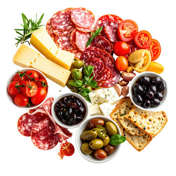 Vibrant mixed antipasto platter with meats and cheeses isolated on a pure purple background for a colorful and modern presentation