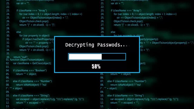 glowing progress bar shows 100% percent of  decrypting passwords on a background of computer code programming