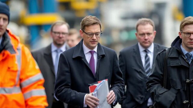 Meeting with officials and workers during site visit in an industrial area with construction activity in the background