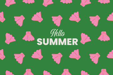 Hello summer text vector minimalistic abstract pink sea shells pattern illustration on green background. Perfect for seasonal holiday poster, banner, wall art, webpage, ad design. 