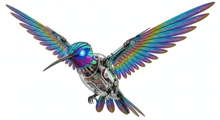 Fototapeta premium Colorful metallic hummingbird sculpture in flight isolated on white background