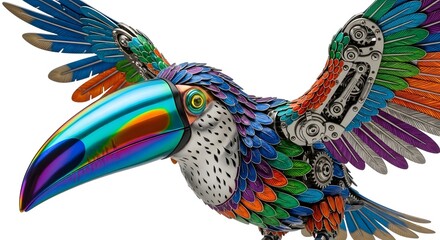 Obraz premium Colorful metallic toucan sculpture with iridescent beak isolated on white background