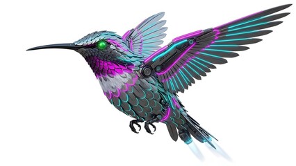 Fototapeta premium Iridescent hummingbird in flight with vibrant wings isolated on white background