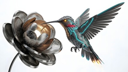 Fototapeta premium Metal hummingbird sculpture feeding from a metallic flower isolated on white background