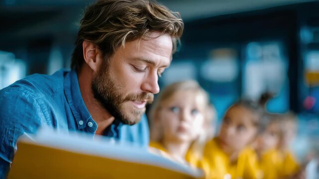 Caring male teacher reading a book to young children in a classroom setting