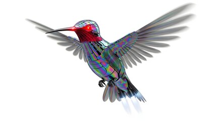 Fototapeta premium Hummingbird in flight with vibrant iridescent feathers isolated on white background