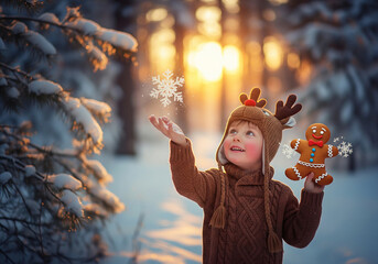 A smiling young child in a brown knitted reindeer hat and sweater holds a gingerbread man cookie and looks up at a falling snowflake in a snowy forest at sunset.