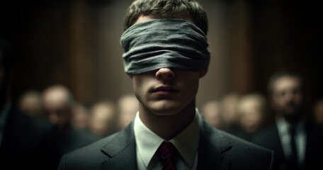 Blindfolded man in formal setting