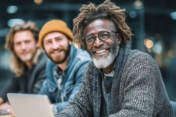 Smiling diverse group of friends sitting at a table in a modern cafe Generative AI