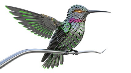 Fototapeta premium Detailed metal sculpture of a hummingbird perched on a branch isolated on white background