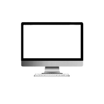 Halftone illustration of a computer monitor with a blank screen, minimal modern design, black dotted outline on white background.