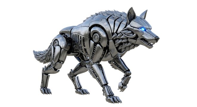 Mechanical wolf with glowing blue eyes isolated on white background