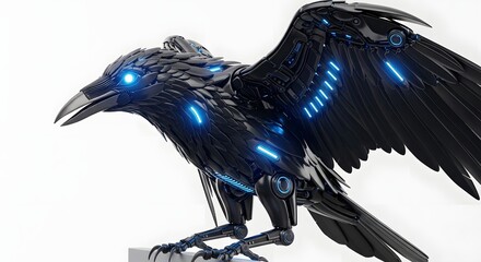 Naklejka premium Mechanical raven with glowing blue eyes and accents isolated on white background