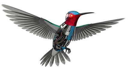 Fototapeta premium Hummingbird in flight with wings spread isolated on white background