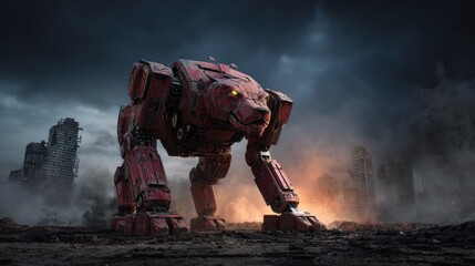 Rusty red robot dog in post apocalyptic cityscape