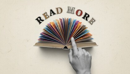 Open book with vibrant colorful pages fanned out is touched by a monochrome hand under cutout letters spelling 'Read More' in a creative collage style on a textured paper background