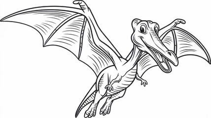 Children’s dinosaur coloring page featuring a smiling flying Pterodactyl with wide wings. Thin black line art with simple clear outlines and detailed wing patterns. Black and white printable worksheet
