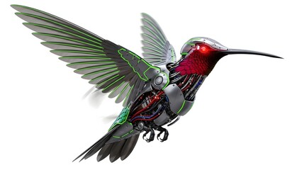 Fototapeta premium Mechanical hummingbird sculpture with intricate details isolated on white background