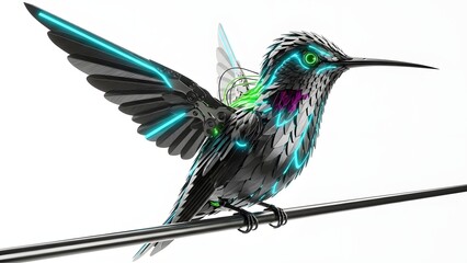 Fototapeta premium Metallic hummingbird sculpture with iridescent feathers perched on a wire isolated on white background