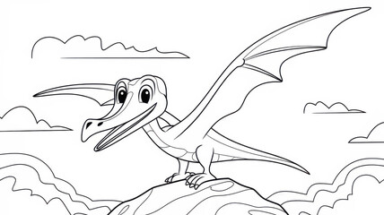 Children’s dinosaur coloring page featuring a smiling flying Pterodactyl with wide wings. Thin black line art with simple clear outlines and detailed wing patterns. Black and white printable worksheet