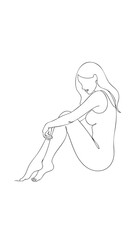 Woman sitting with knees hugged line art hugging knees