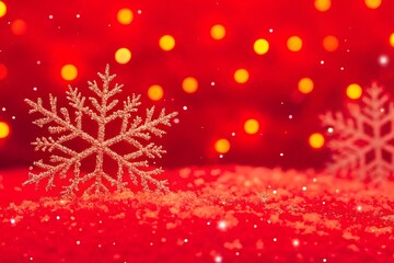 Sparkling white snowflakes on a vibrant red background with bokeh lights