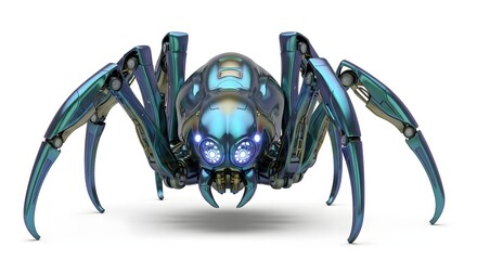 Futuristic mechanical spider creature with glowing blue eyes isolated on white background