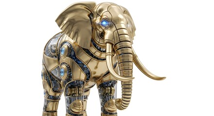Ornate mechanical elephant sculpture with glowing blue eye isolated on white background