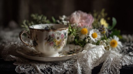 Delicate teacup and flowers on lace