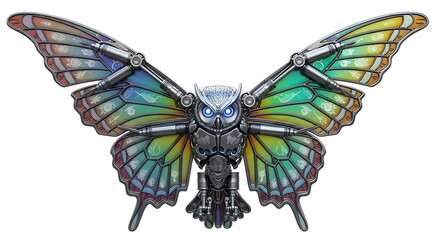 Steampunk mechanical butterfly with iridescent wings isolated on white background