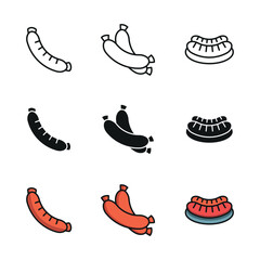 Sausage set icon line glyph color for food meat snack and grill illustration