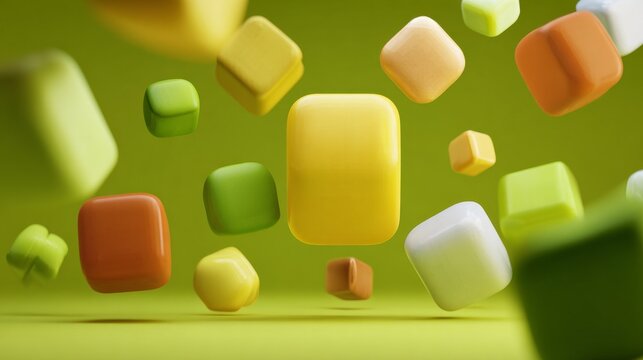 Abstract 3D render of various-colored, translucent cubes floating in mid-air against a lime green backdrop - Powered by Adobe