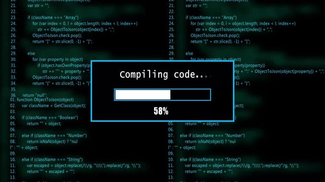 glowing progress bar shows 100% percent of  comp l Ing  code on a background of computer code programming