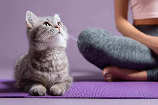 Adorable gray kitten looking up during yoga session with meditating woman on purple mat, promoting mindfulness and healthy lifestyle choices - Powered by Adobe