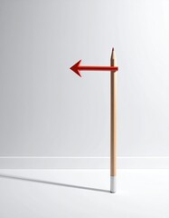 Obraz premium A light beige pencil with a red arrow pointing left, against a plain white background