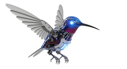 Fototapeta premium Mechanical hummingbird with glowing blue eyes isolated on white background